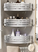 Silver aluminum two tier corner shelf with towel bar hook bathroom caddy