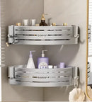 Silver aluminum two tier corner shelf with towel bar hook bathroom caddy