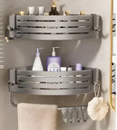Silver aluminum two tier corner shelf with towel bar hook bathroom caddy