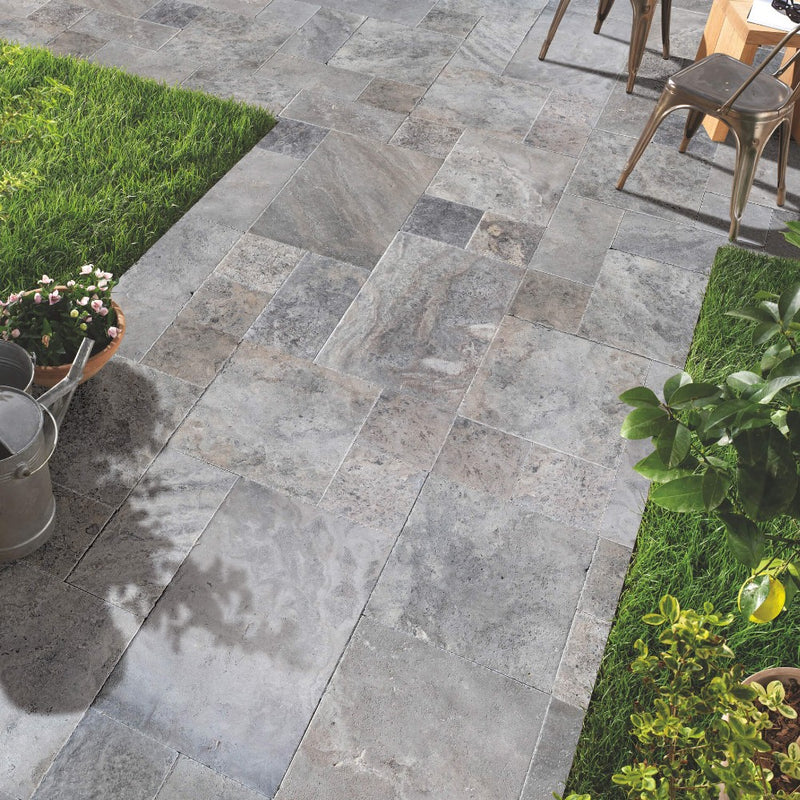 Silver Antique Pattern Brushed, Chiseled, and Partially Filled - Full Truckload installed outdoor patio with plants and outdoor chairs