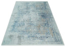 Transitional Blue and Ivory Antique Finish Art Silk Area Rug
