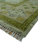 Silver, Olive and Green Traditional Floral motifs design 8x10 wool area rug