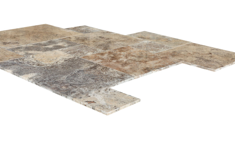 silver travertine antique pattern 4-sized pattern tumbled wet profile view