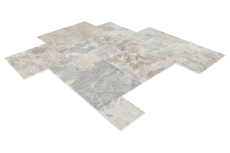 silver travertine antique pattern 4-sized pattern tumbled dry angle view