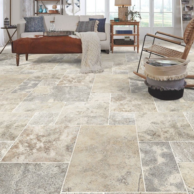 silver travertine antique pattern 4 size pattern tumbled installed inside modern house living room