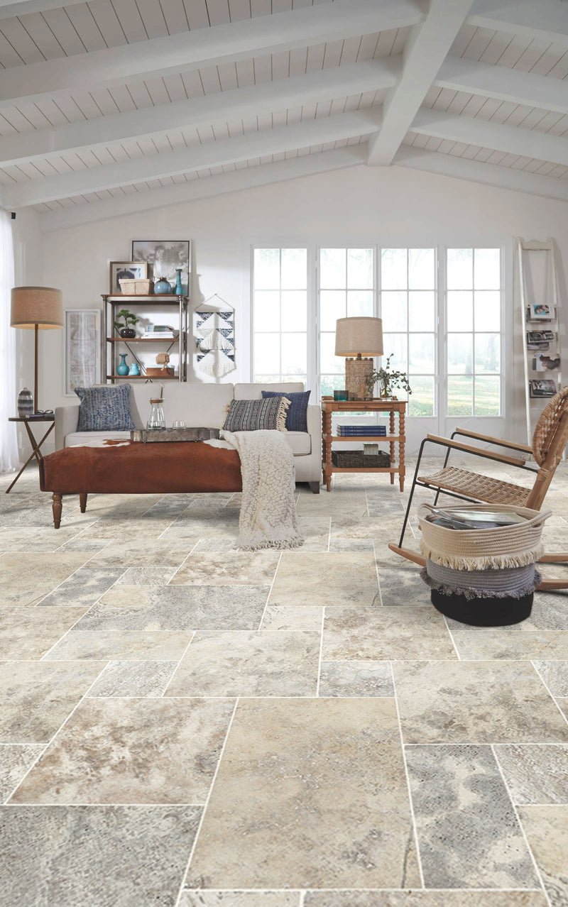 silver travertine antique pattern 4 size pattern tumbled installed inside modern house living room wide view