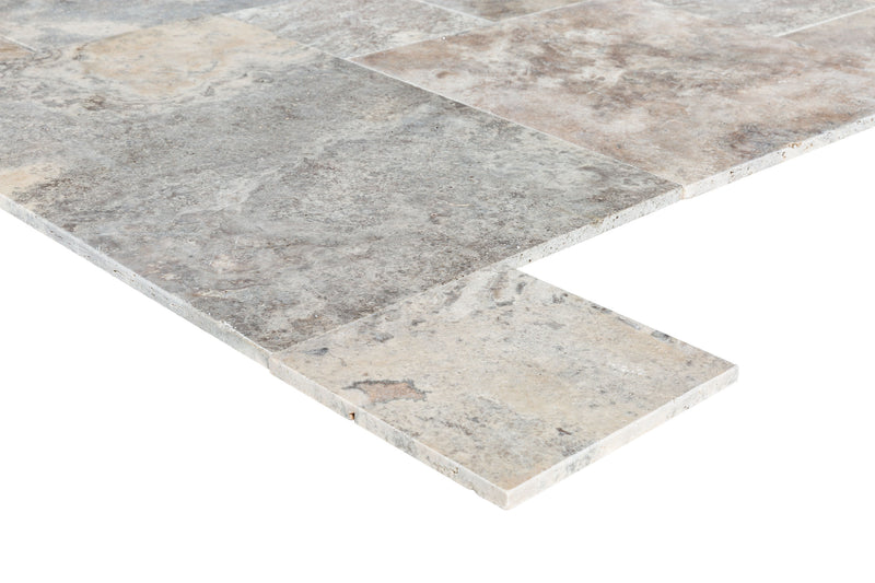 silver travertine antique pattern 4-sized pattern tumbled dry profile view