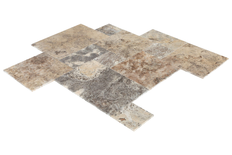 silver travertine antique pattern 4-sized pattern tumbled wet angle view