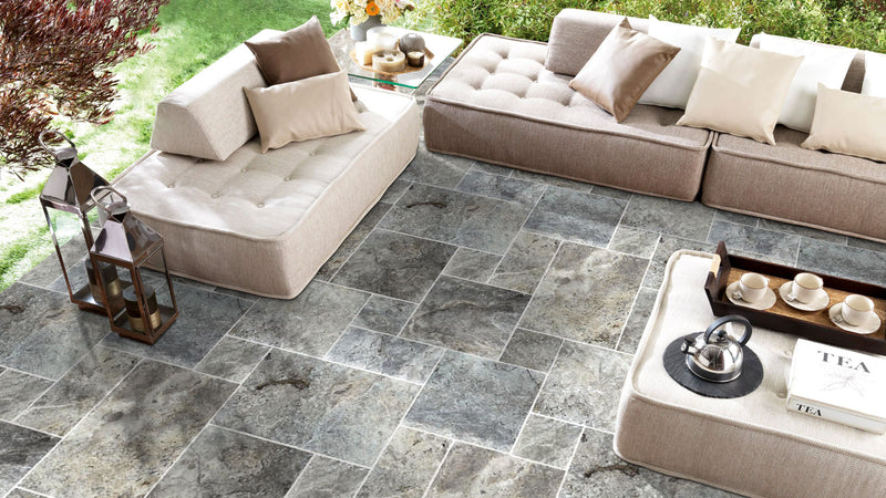 silver travertine pavers tumbled pattern installed patio wide view