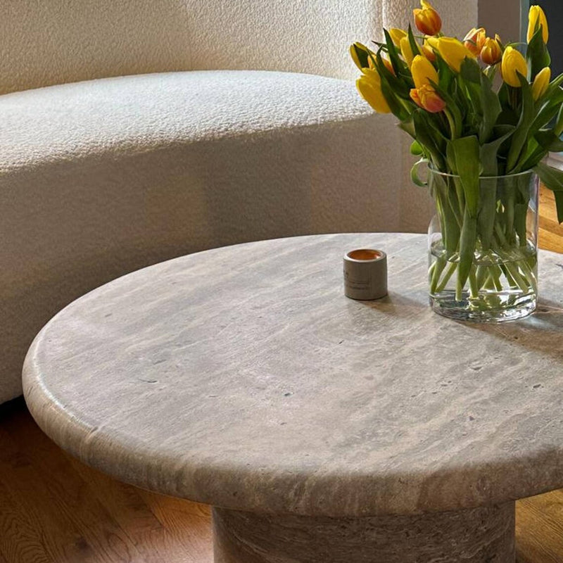 Silver Travertine Vein-cut Round Honed 2" Tabletop Coffee Table (D)36" (H)16" installed on living room