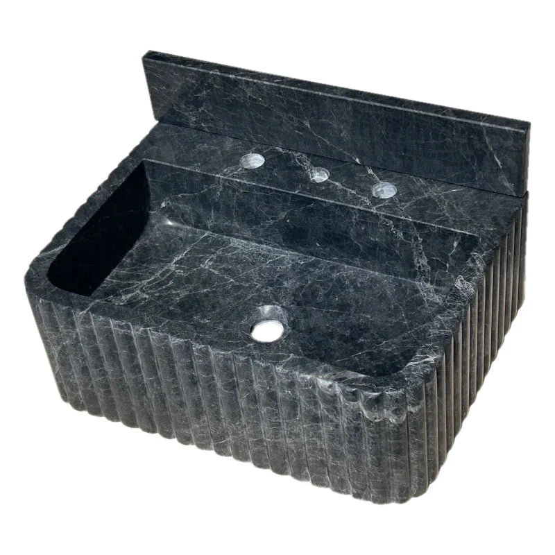 Sirius Black Marble Wall-mount Bathroom Sink Ribbed with 4" Backsplash (W)16" (L)20" (H)8" angle view