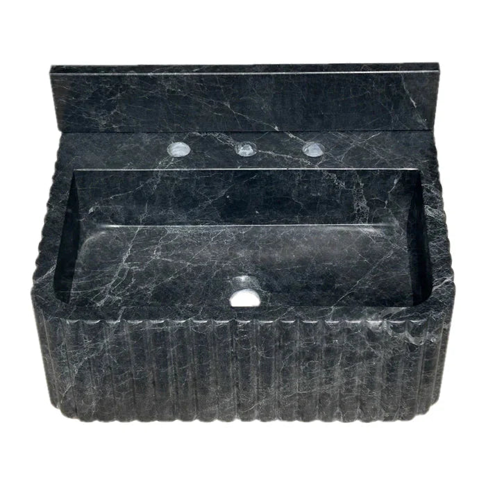 Sirius Black Marble Wall-mount Bathroom Sink Ribbed with 4" Backsplash (W)16" (L)20" (H)8" front view