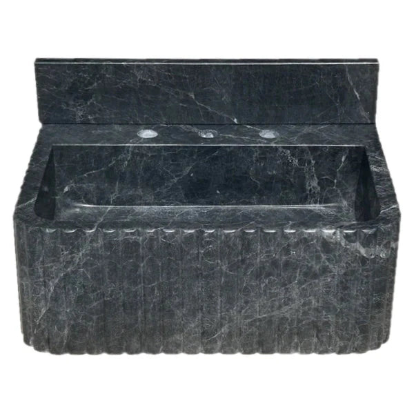 Sirius Black Marble Wall-mount Bathroom Sink Ribbed with 4" Backsplash (W)16" (L)20" (H)8" front view