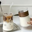 Sleek glass iced latte coffee cup with wood band kitchen tumbler