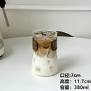 Sleek glass iced latte coffee cup with wood band kitchen tumbler