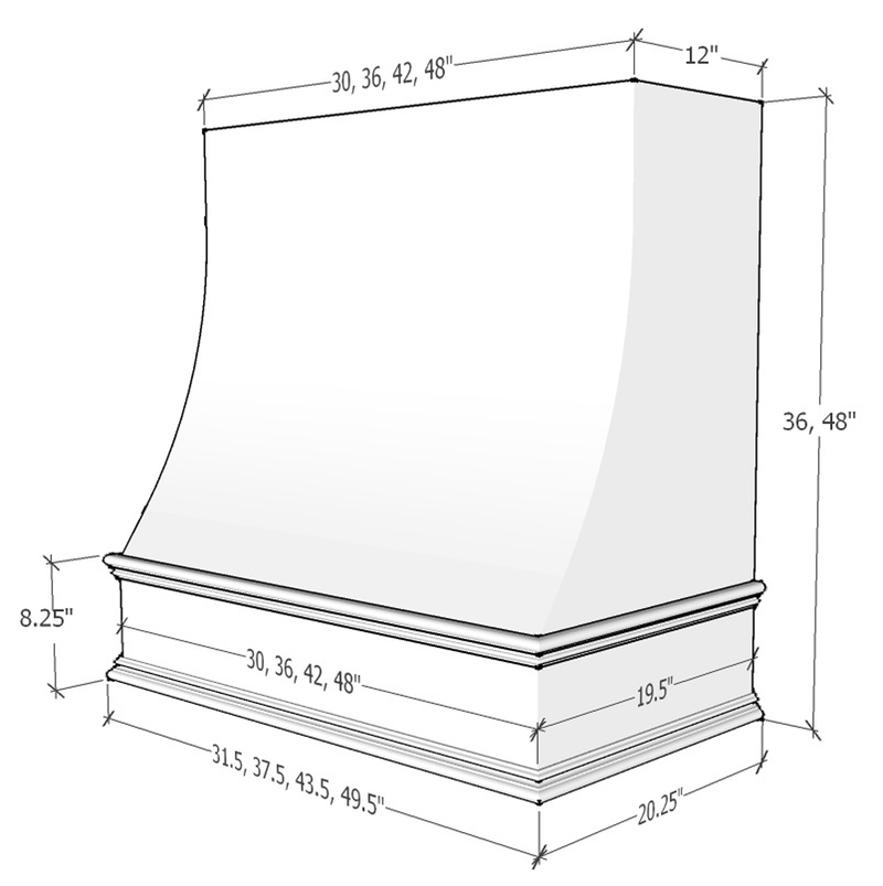 White Wood Range Hood With Sloped Front and Decorative Trim - 30", 36", 42", 48", 54" and 60" Widths Available