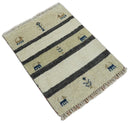 Small 1.5x2 White and Gray Wool Hand Knotted traditional Vintage Antique Southwestern Tribal Gabbeh | TRDCP357152