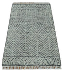 Small 2x3 Hand Knotted Ivory and Charcoal Tribal Design Wool Rug