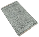 Small 2x3 Hand Knotted Ivory and Charcoal Tribal Design Wool Rug