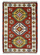 Small 2x3 Red and Ivory Wool Hand Knotted traditional Persian Vintage Antique Southwestern Kazak | TRDCP18323