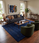 Solid Blue Border Patterns Hand Loomed Wool Area Rug