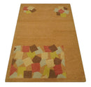 Solid Gold with Multi Color geometrical design Hand loom 4x6 Wool Area Rug