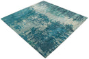 9x9 Square Teal and Beige Modern Abstract Handmade Wool and Art Silk Area Rug