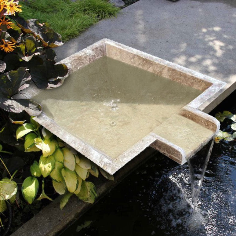 square cascade water bowl travertine for swimming pool accessory walnut honed filled 23x27x8 installed pool view