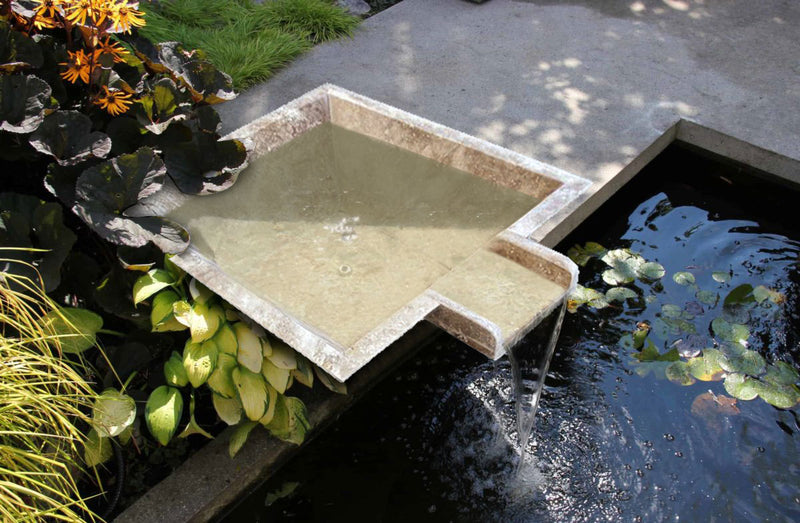 square cascade water bowl travertine for swimming pool accessory walnut honed filled 23x27x8 installed pool wide view