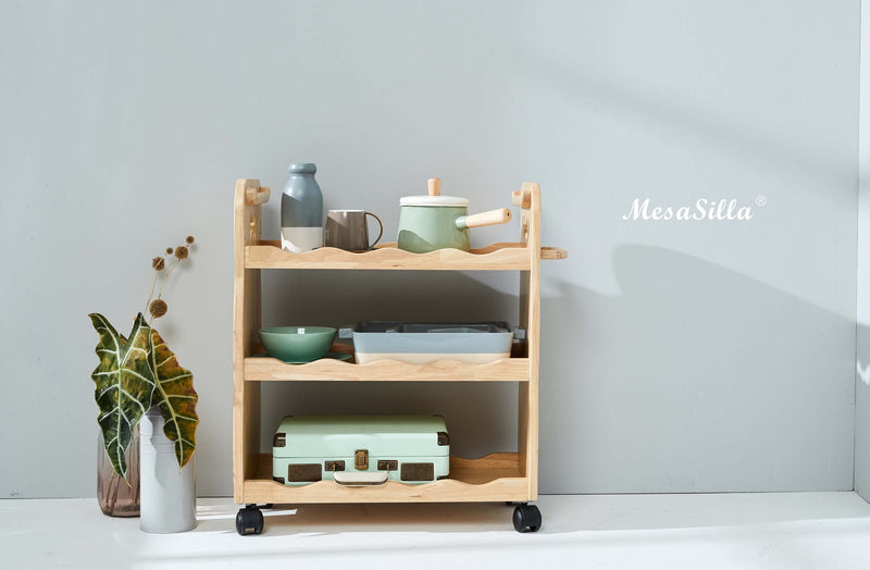 Mesasilla Solid Wood Trolley with 3 Tiers and Lockable Casters