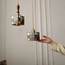Stained glass cube led pendant lamp for bedroom with walnut wood