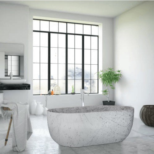 statuario white marble bathtub polished W67xL32xH20 installed bright bathroom big windows towel on a wooden side table