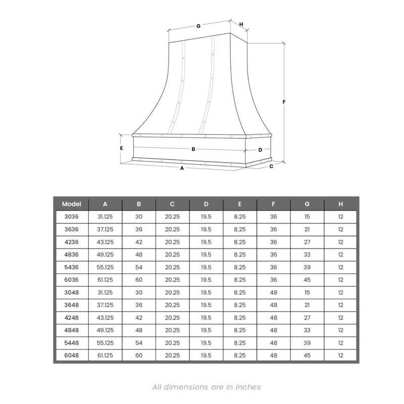 Black Range Hood With Curved Front, Brass Strapping and Buttons - 30", 36", 42", 48", 54" and 60" Widths Available