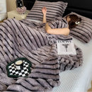 Striped gray & black faux rabbit plush blanket bedroom throw