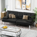 Black Leather Futon Sofa Bed With Adjustable Armrests And Cup Holders