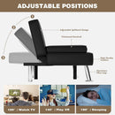 Black Leather Futon Sofa Bed With Adjustable Armrests And Cup Holders