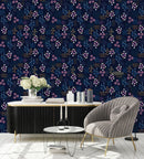 Elegant Dark Blue Wallpaper with Little Flowers