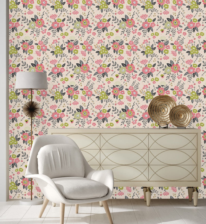 Pink and Green Colors of Floral Wallpaper