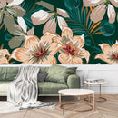 Dark Green Wallpaper with Beige Flowers