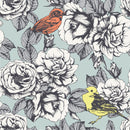 Grey Floral Wallpaper with Birds