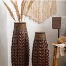 Tall dark brown bamboo woven vase living room herringbone decor
