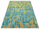 Teal, Gold and Mustard Modern Geometrical Bricks Design 5.6x7.6 wool and art silk Rug