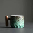 Teal gradient & black ceramic coffee cup kitchen mug with wood handle