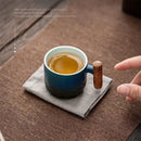 Teal gradient & black ceramic coffee cup kitchen mug with wood handle