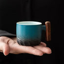 Teal gradient & black ceramic coffee cup kitchen mug with wood handle