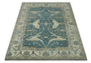 Teal, Ivory and Olive 6x9 Hand Knotted Oriental Oushak wool area rug