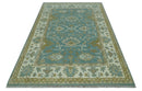 Teal, Ivory and Olive Hand Knotted 6x9 Traditional Oriental Oushak wool rug