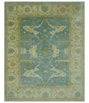 Teal, Olive and Beige Hand Knotted 8x10 Traditional Oriental Oushak wool area rug