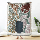 Teal & tan daisy pattern woven throw blanket living room fringed decor