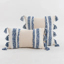 Textured blue & beige striped cushion cover living room tassel pillow